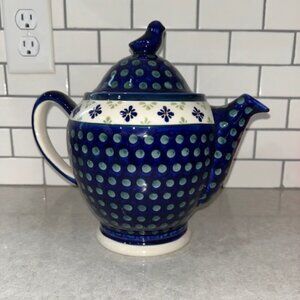 Boleslawiec Polish Pottery Teapot Hand Made w/Bird Lid 8 Cup 9.5”x11”